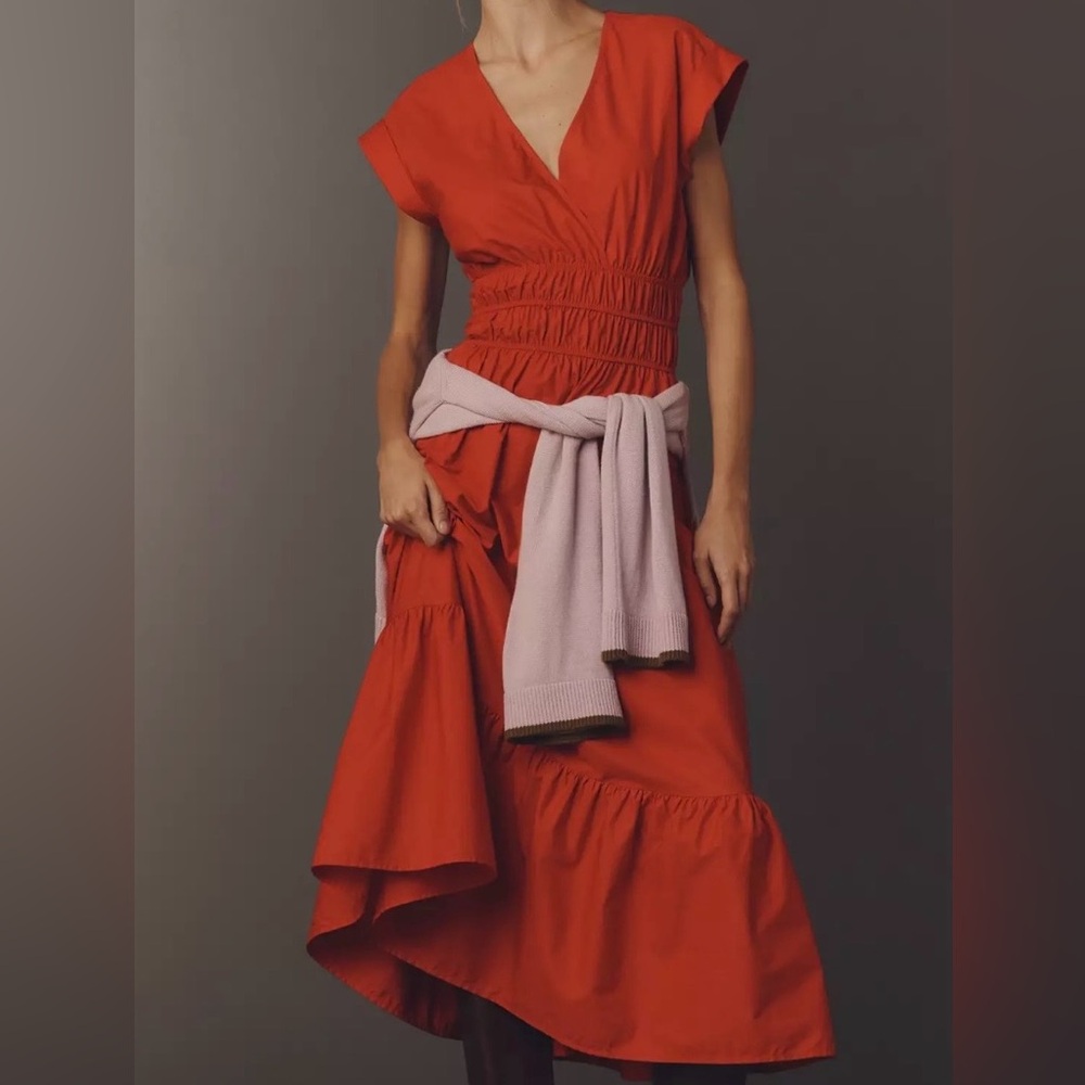 Maeve Cap-Sleeve V-neck Smocked Midi Dress in Red, sz M Petite